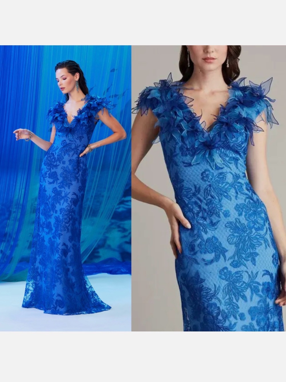 Tadashi Shoji Blue Floral Lace Evening Gown with Feathered V-Neck